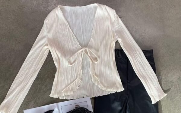 Women Sheer Button Up Blouse Sexy Collared Shirts Mesh Flare Sleeve Crop Top Y2k Vintage Streetwear - Image 4