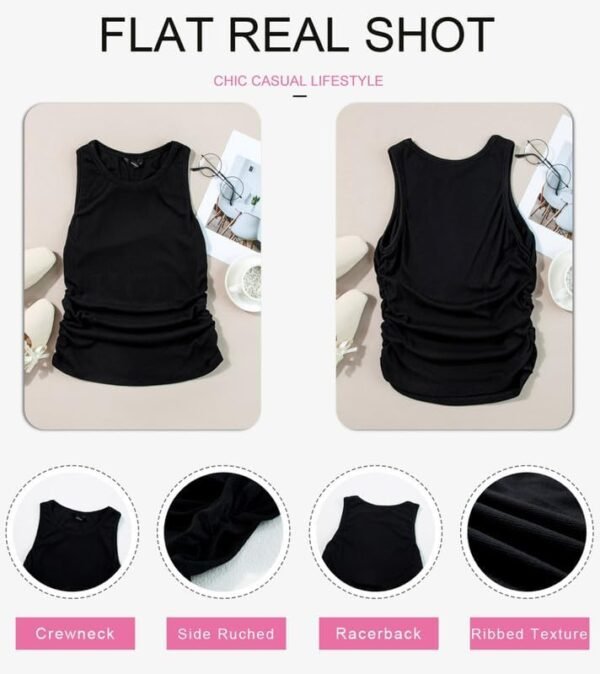 Dokotoo Womens Tank Tops Summer Sleeveless High Neck Ribbed Knit Slim Fitted Blouse Side Ruched Basic Tees Shirts - Image 3