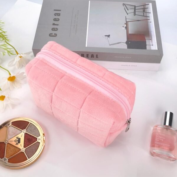 Plush Makeup Bag 2Pcs Checkered Cosmetic Bag Large Small Makeup Pouch for Purse Cute Pink Makeup Bag with Makeup Brush Holder Y2k Accessories Bag Travel Cosmetic Bag for Women Aesthetic Gift - Image 2