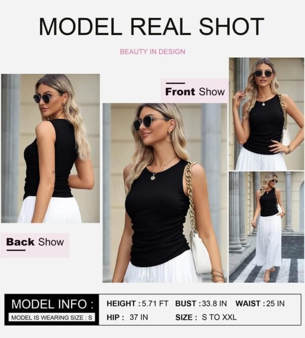 Dokotoo Womens Tank Tops Summer Sleeveless High Neck Ribbed Knit Slim Fitted Blouse Side Ruched Basic Tees Shirts - Image 2